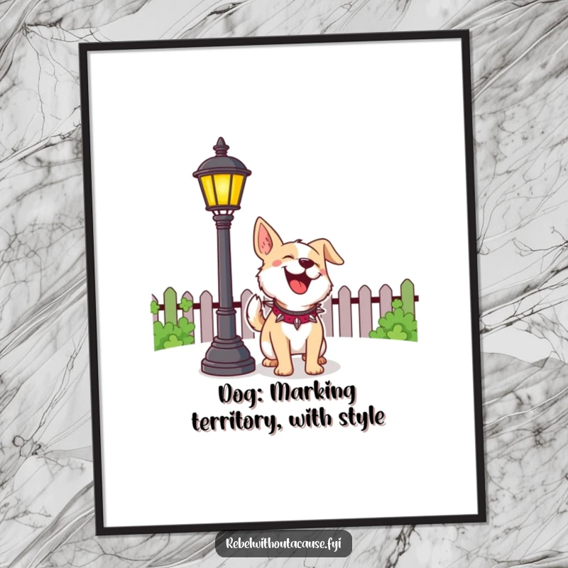 Funny Free Printable Wall Art: a cheerful dog with a spiked collar playfully barking at a lamppost, fun decor.