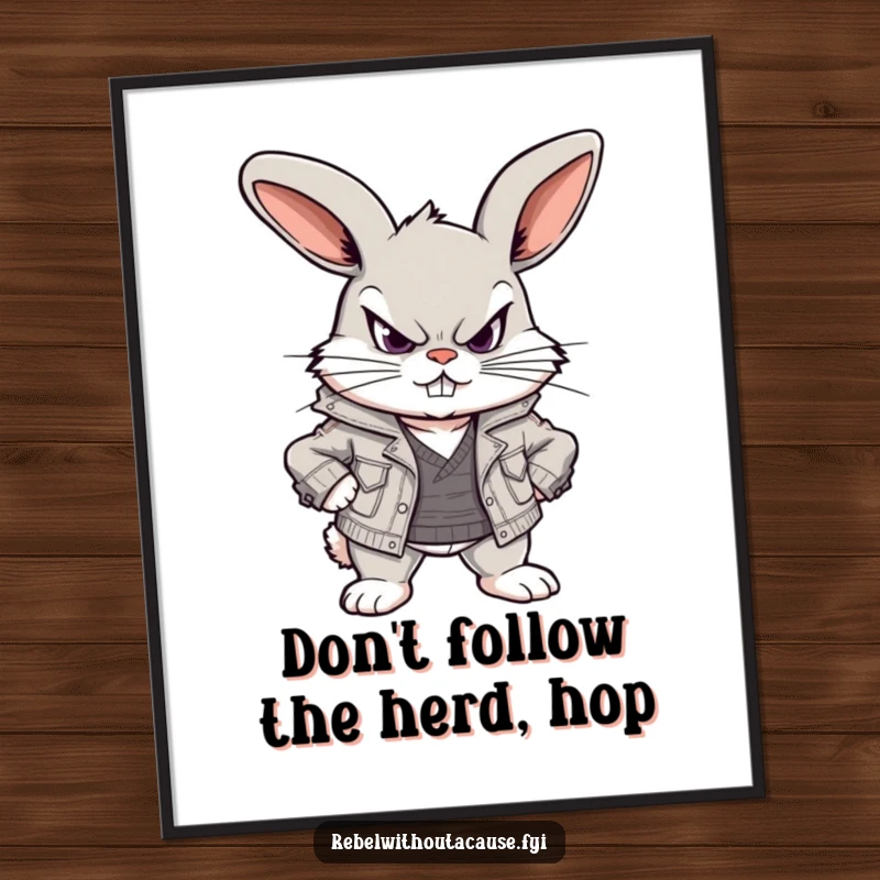 Funny Free Printable Wall Art: Defiant bunny in ripped jacket, scowling playfully, adding edgy humor to decor.