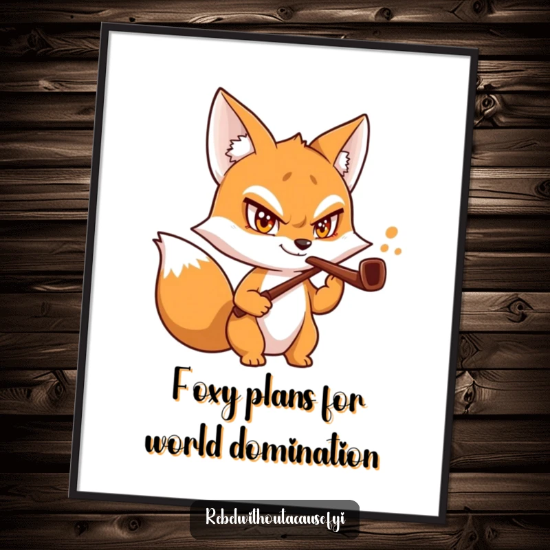 Free printable wall art of a mischievous fox with a daring grin, holding a slightly bent pipe, adding humor to any room.