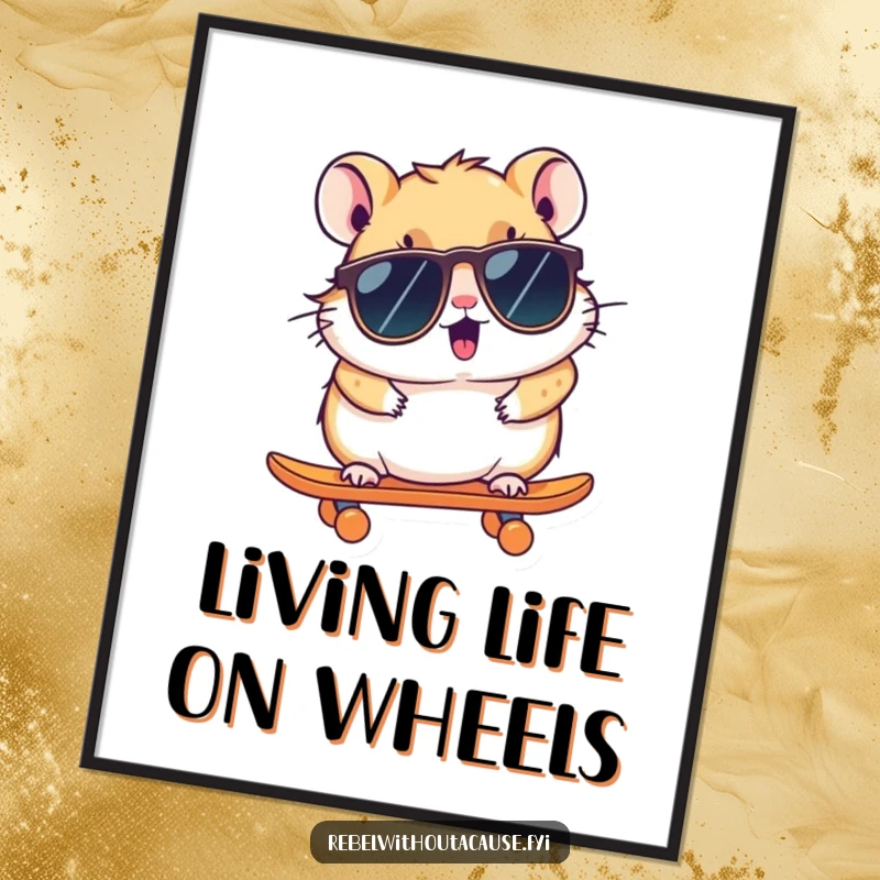 Funny Free Printable Wall Art: Kawaii hamster in sunglasses on a skateboard, bringing cool, downloadable fun to your walls.