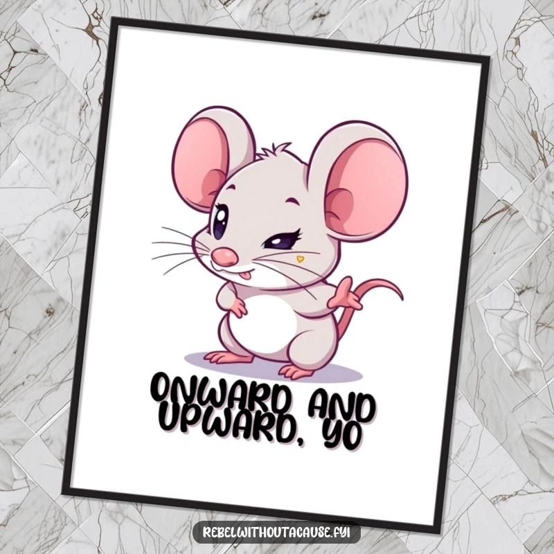 Funny Free Printable Wall Art: Determined kawaii mouse pointing forward with a glint in its eye, perfect for downloadable, motivational decor.