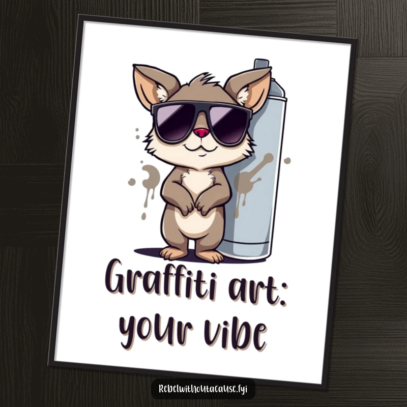 Funny Free Printable Wall Art: Cool animal wearing sunglasses, leaning on a graffiti spray can, urban art.