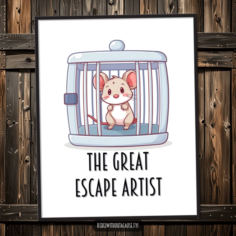 Funny Free Printable Wall Art: A curious mouse peeks out from an open, empty cage, embarking on a great escape.