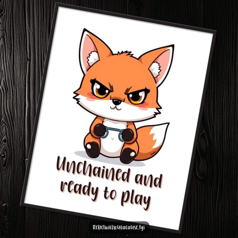 Funny Free Printable Wall Art featuring a defiant kawaii fox holding a broken chain link, symbolizing strength and liberation.