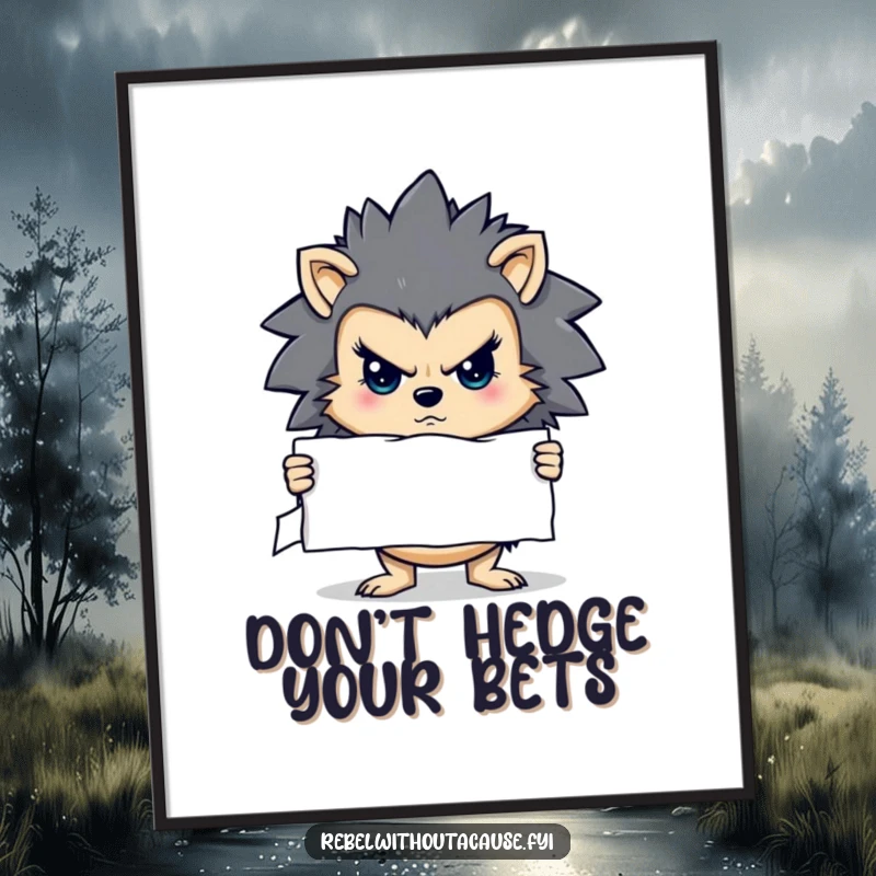 Funny Free Printable Wall Art: Stern hedgehog holding a ripped sign, conveying an important, albeit grumpy, message.