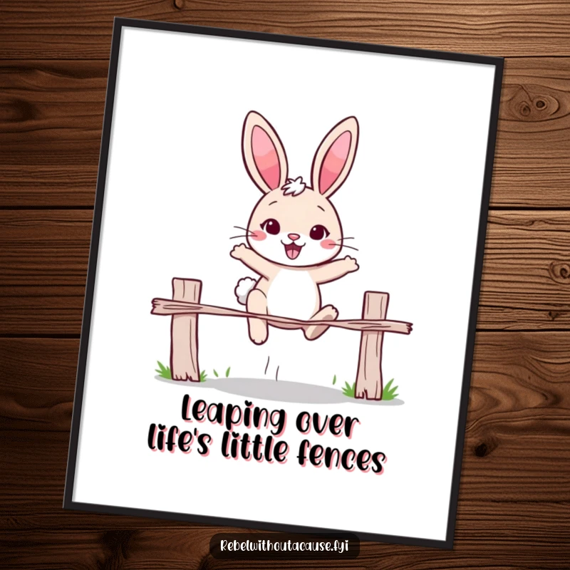 Funny Free Printable Wall Art: Cheerful rabbit with determined expression, jumping over a broken fence, symbolic of resilience.