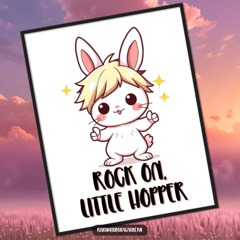 Funny Free Printable Wall Art featuring a kawaii bunny with a punk hairstyle, striking an epic rock on pose.