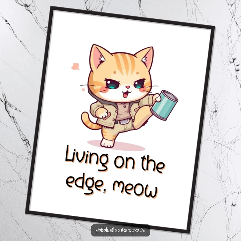 Funny Free Printable Wall Art featuring a kawaii cat in a ripped jacket, defiantly kicking a tin can with swagger.