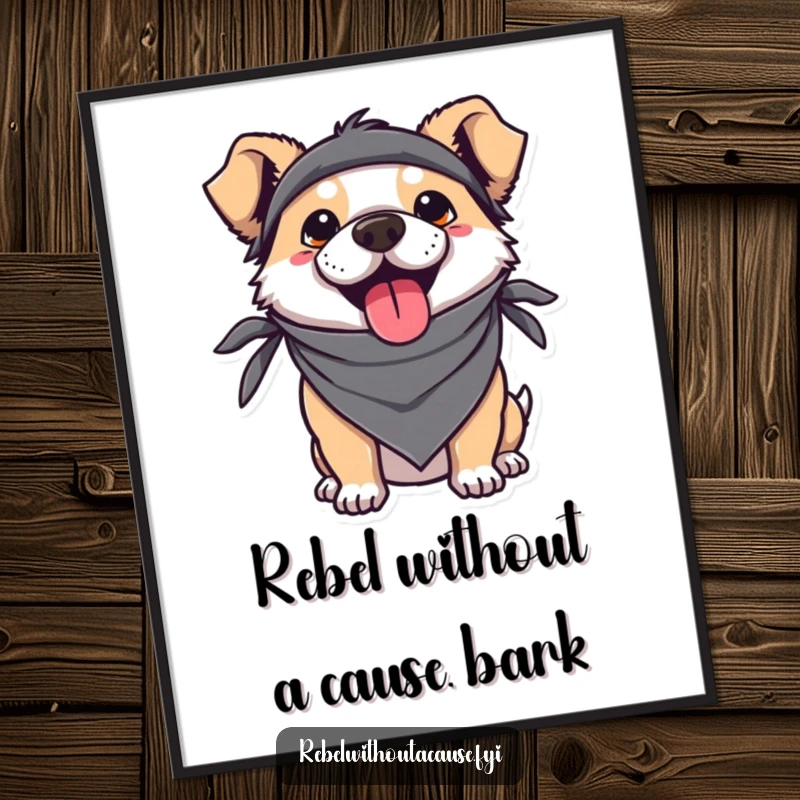 Funny Free Printable Wall Art featuring a kawaii dog in a bandana, sticking its tongue out with a rebellious grin.