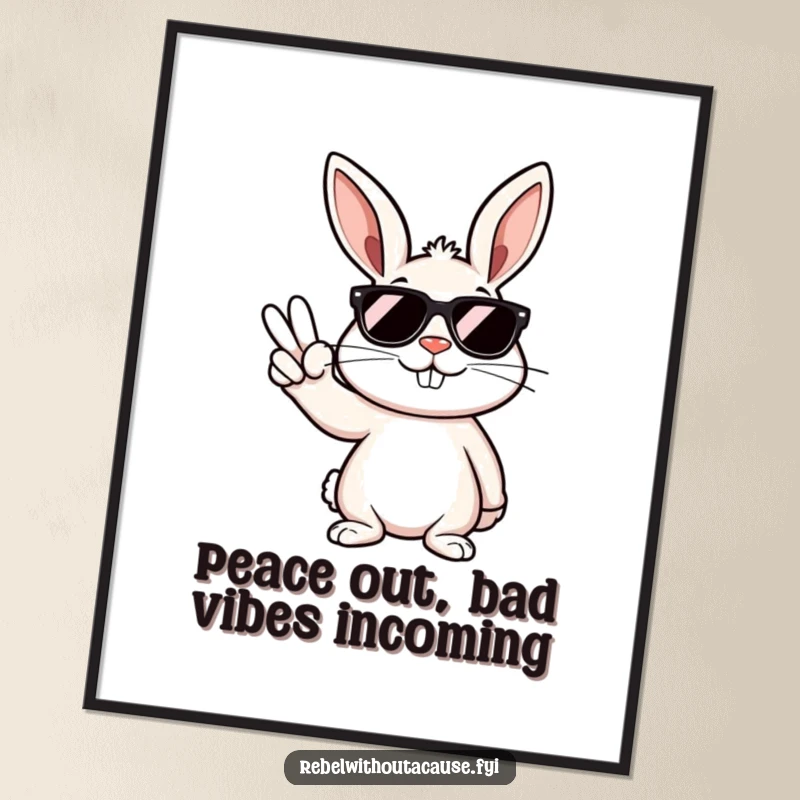 Funny free printable wall art: A rebellious bunny in dark sunglasses smirking and making a peace sign.