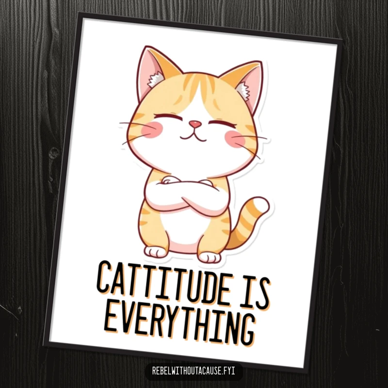 Funny Free Printable Wall Art: Giggling cat with crossed arms, radiating unimpressed vibes, perfect for any room.