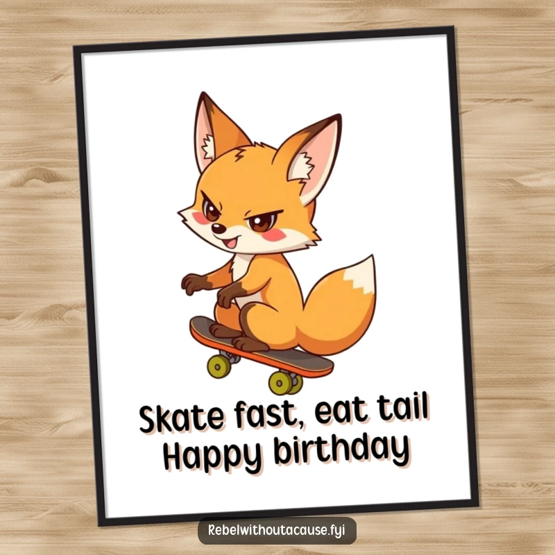 Funny Free Printable Wall Art: Cheeky fox riding a tiny skateboard backwards with a defiant, cool grin.