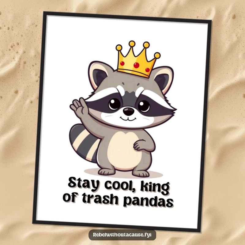 Funny Free Printable Wall Art: A bold raccoon character wearing a tiny crown and giving a cool, confident salute.