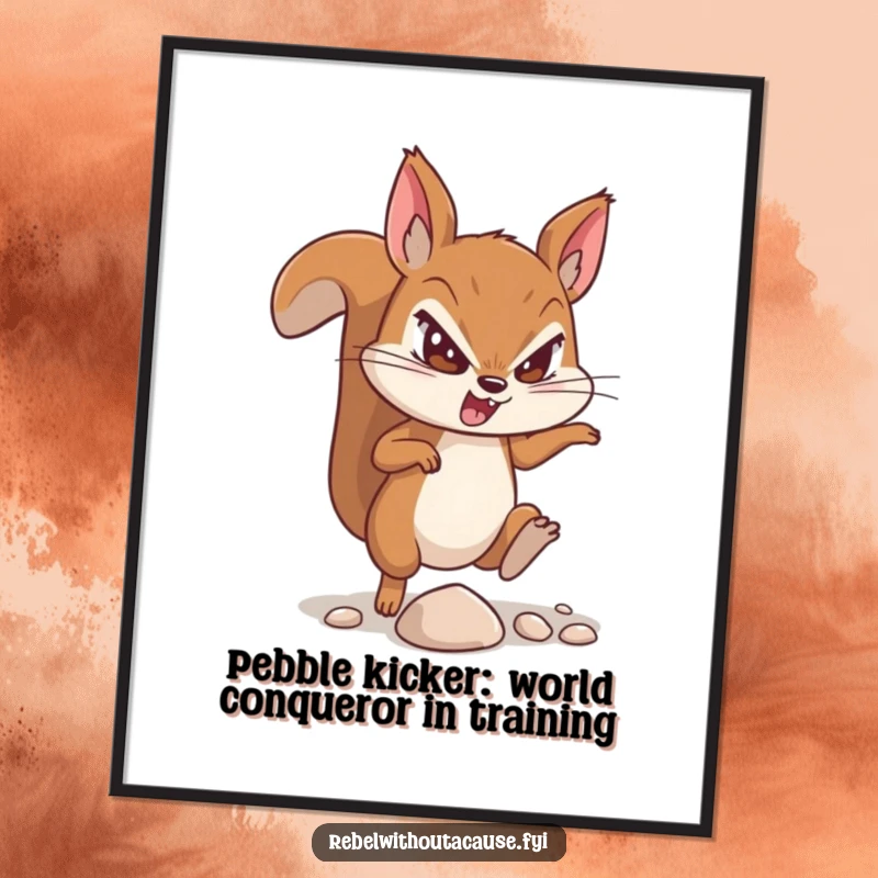 Free Printable Wall Art: A defiant squirrel with a determined look kicks a small pebble, bringing a humorous and quirky vibe.