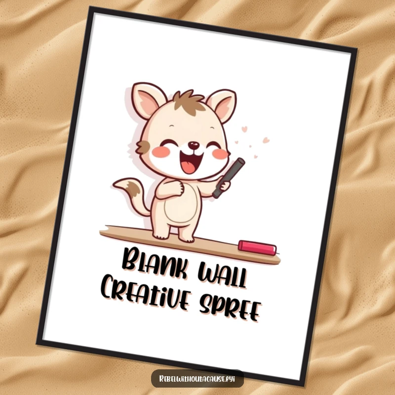 Funny Free Printable Wall Art: A joyful animal character happily scrawling on a blank wall with chalk, creating cheerful art.