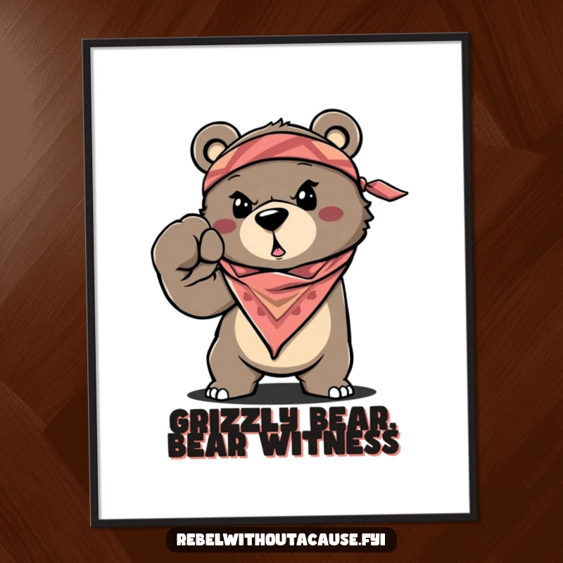 Funny Free Printable Wall Art: Determined bear with a bandana around its head throws a fist bump, exuding strength.
