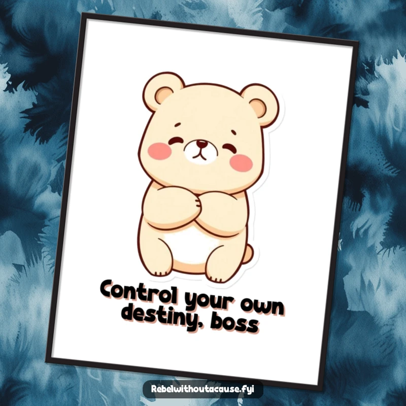 Funny Free Printable wall art featuring a sassy kawaii bear with arms crossed, staring defiantly with a smirk, perfect for a humorous display.