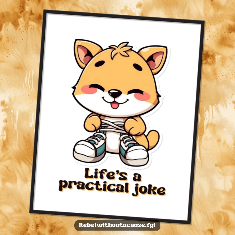 Funny Free Printable Wall Art: Playful animal with a mischievous grin, tying shoelaces together, humorous decor.