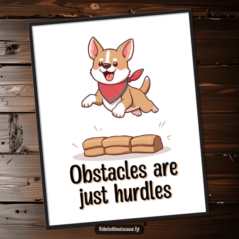 Funny Free Printable Wall Art featuring a daring dog with a bandana leaping energetically over a small obstacle, full of personality.