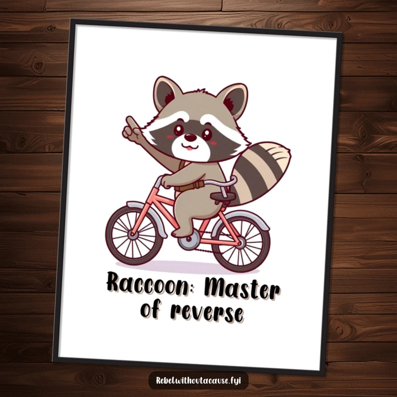 Funny Free Printable Wall Art: A kawaii raccoon in a cheeky salute rides a tiny bicycle backwards, adding humor to decor.
