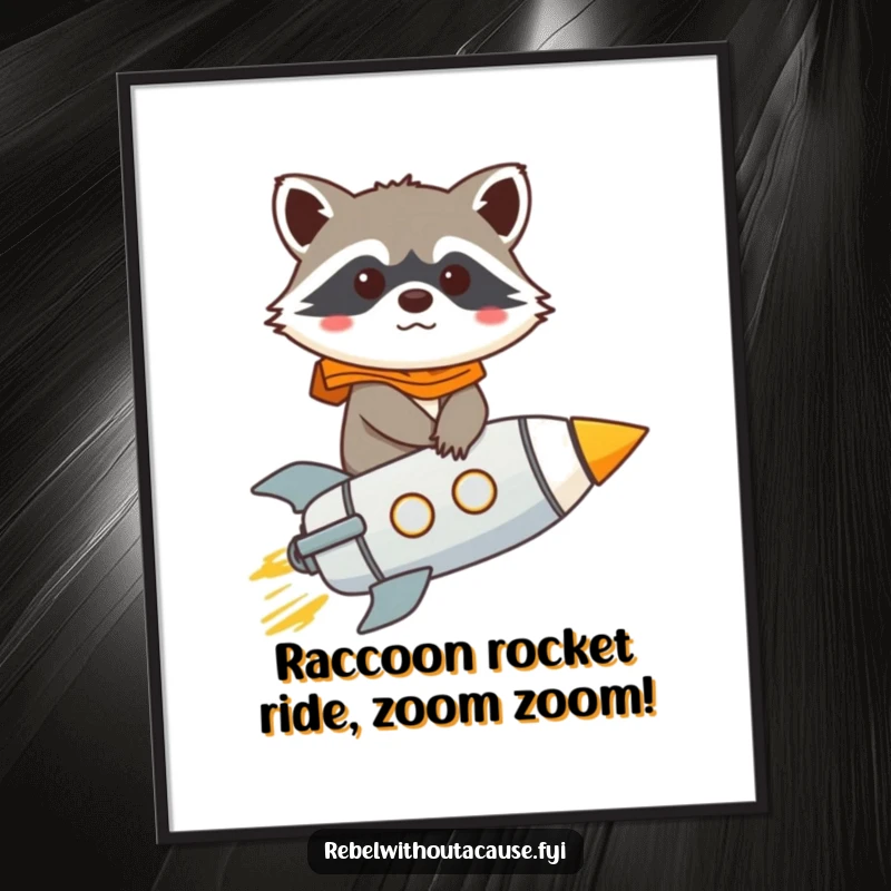 Funny Free Printable Wall Art: A giggling raccoon character determinedly rides a miniature rocket, ready for adventure.