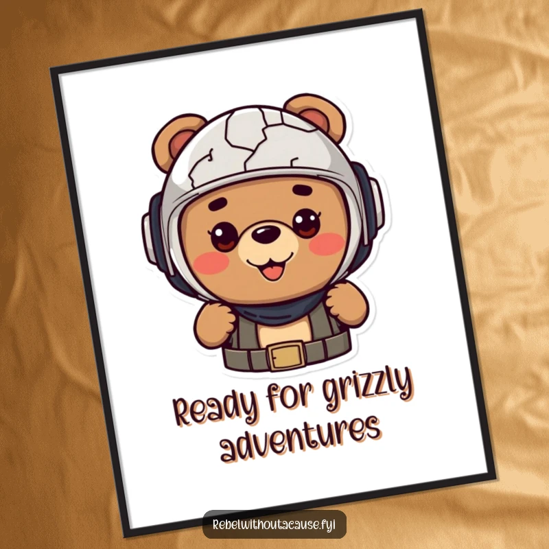 Funny Free Printable Wall Art: Cheerful bear with a cracked helmet, looking ready for any adventure.