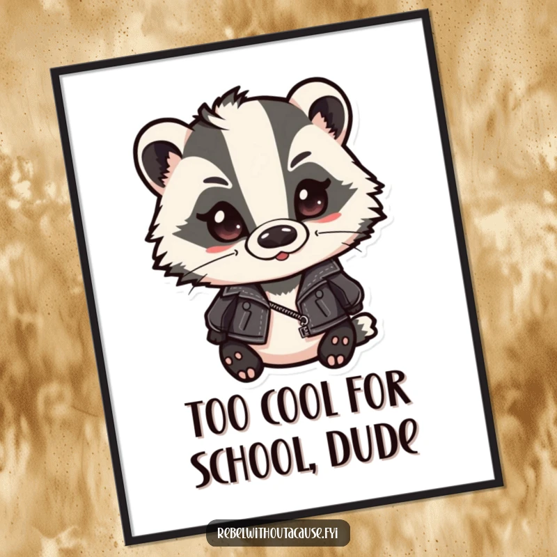 Funny Free Printable Wall Art: Smirking badger in leather jacket, slicked hair, looking cool and confident, perfect room decor.