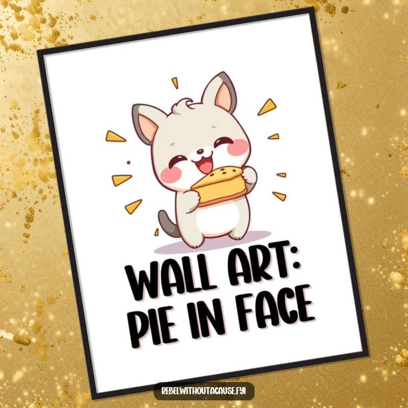 Funny Free Printable Wall Art: Happy animal cheerfully smashing a pie against a wall, energetic and fun.