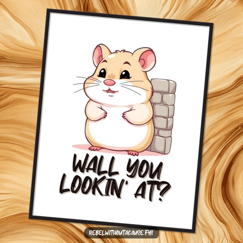 Funny Free Printable Wall Art: A confident hamster with a slight smirk leans casually against a tiny miniature wall.