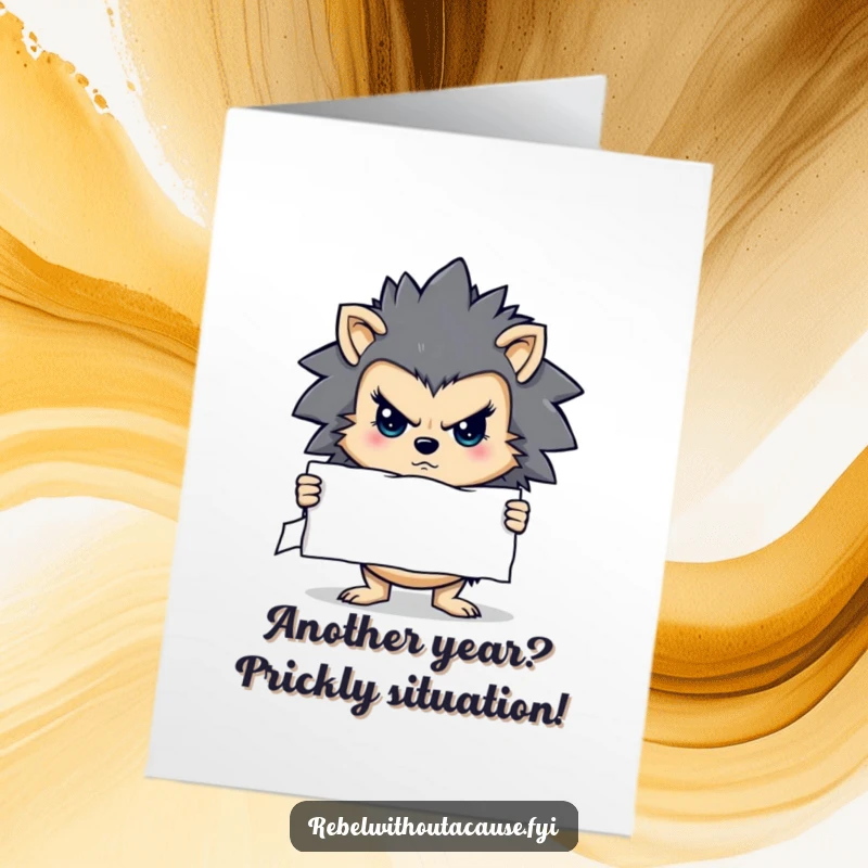 Funny Free Printable Birthday Card: Stern hedgehog holding a ripped sign, demanding a proper celebration.