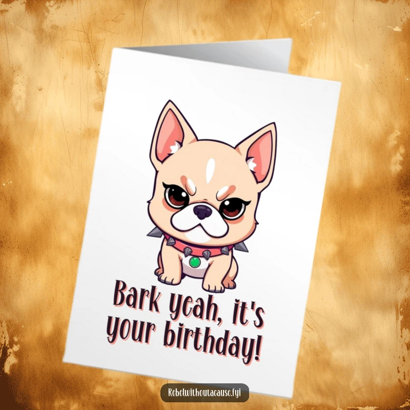 Funny Free Printable Birthday Card: Rebellious dog with spiked collar, determined look, wishing a wild birthday.