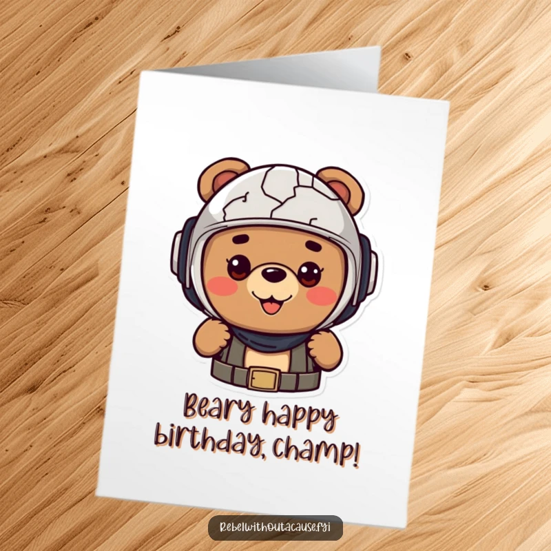 Funny Free Printable Birthday Card: Cheerful bear in a cracked helmet, enthusiastically ready for birthday cake.