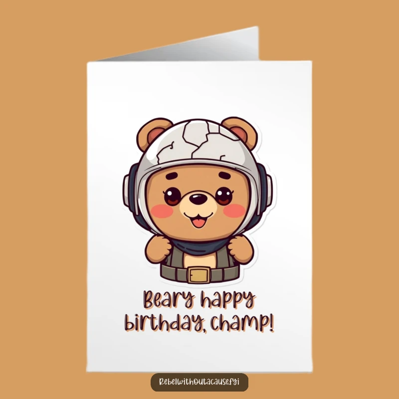 Free Printable Birthday Card: Cheerful Bear, Cracked Helmet, Funny Gift Download