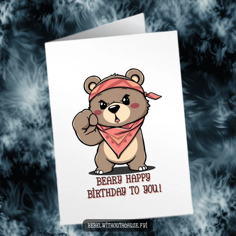 Funny Free Printable Birthday Card: Determined bear with bandana throws a fist bump, celebrating a birthday with attitude.