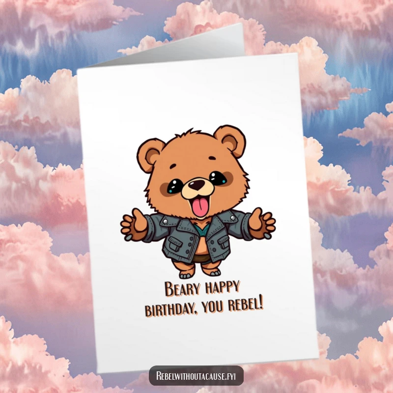Funny Free Printable Birthday Card: Bear cub in leather jacket sticking tongue out, ready to party.