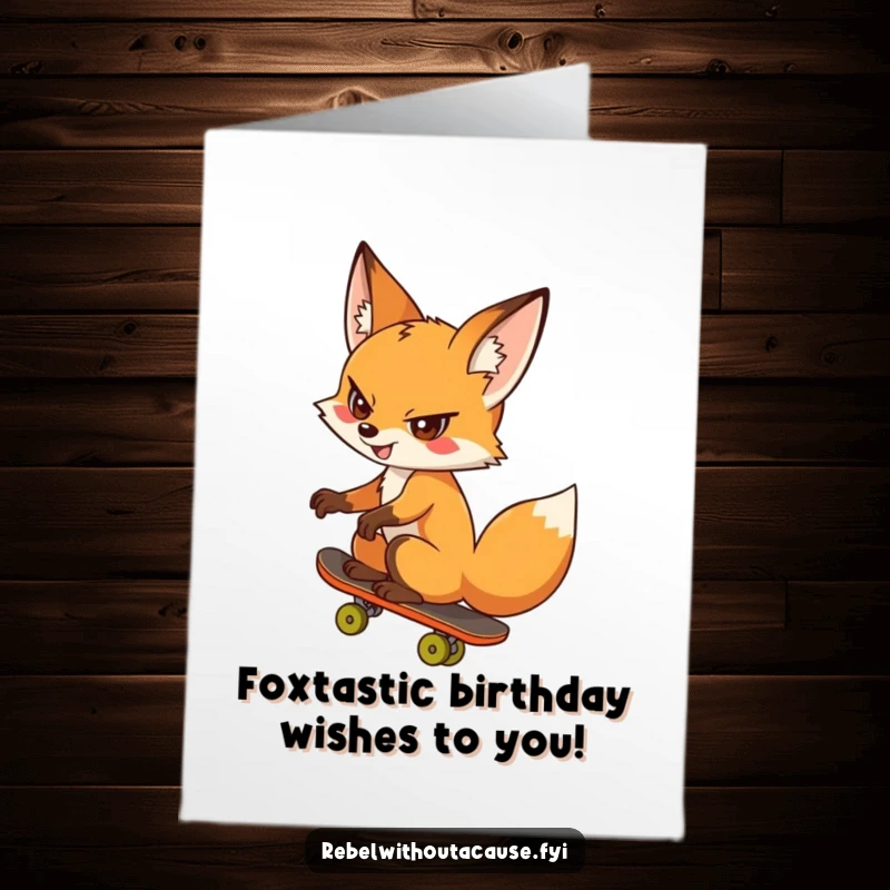 Funny Free Printable Birthday Card: Cheeky fox skateboarding backwards with a defiant, cool grin.