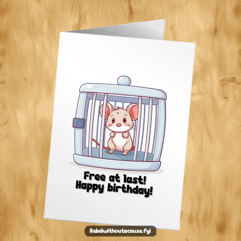 Funny Free Printable Birthday Card: A curious mouse peeks out from an open, empty cage, ready for adventure.
