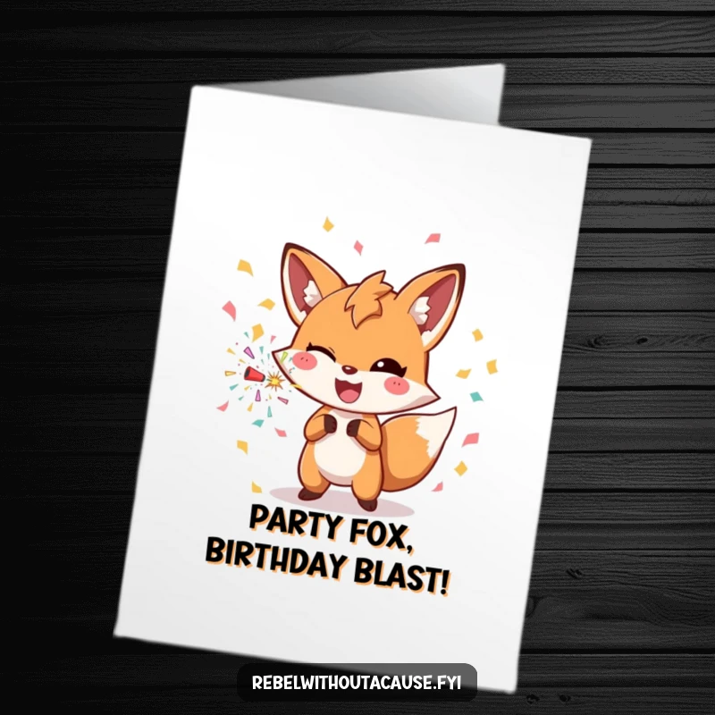 Funny Free Printable Birthday Card: Winking fox character joyfully throws a confetti bomb, spreading party cheer.