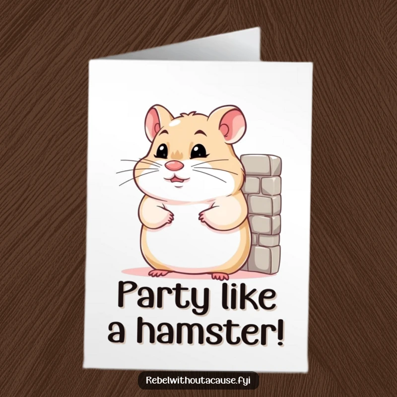Funny Free Printable Birthday Card: A confident hamster with a smirk leans against a miniature wall, celebrating.