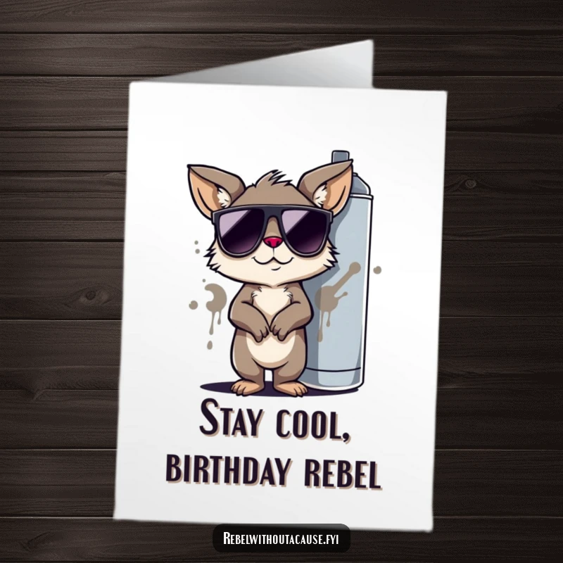 Funny Free Printable Birthday Card: Cool animal in sunglasses, leaning on spray can, ready to party.