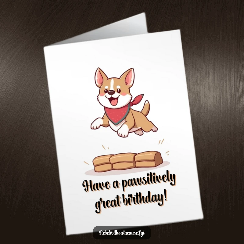 Funny Free Printable Birthday Card featuring a daring dog in a bandana leaping over an obstacle, celebrating with energy.