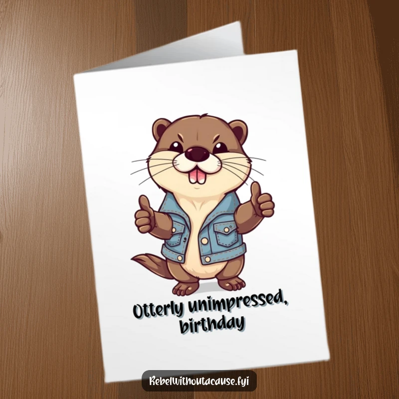 Funny Free Printable Birthday Card: A defiant otter in a ripped denim jacket giving a thumbs-down.