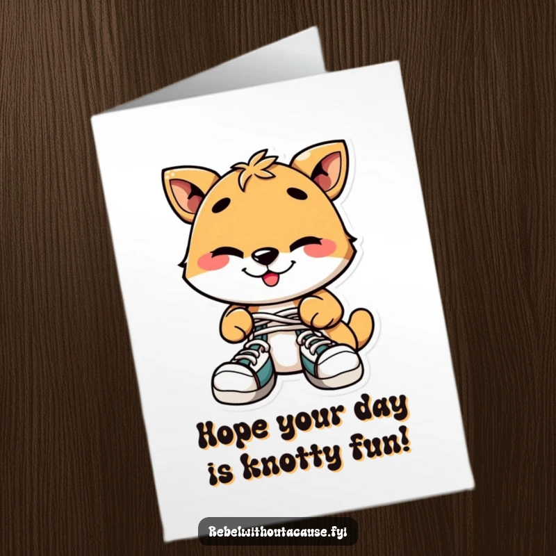 Funny Free Printable Birthday Card: Playful animal with a smirk, tying shoelaces together as a prank.