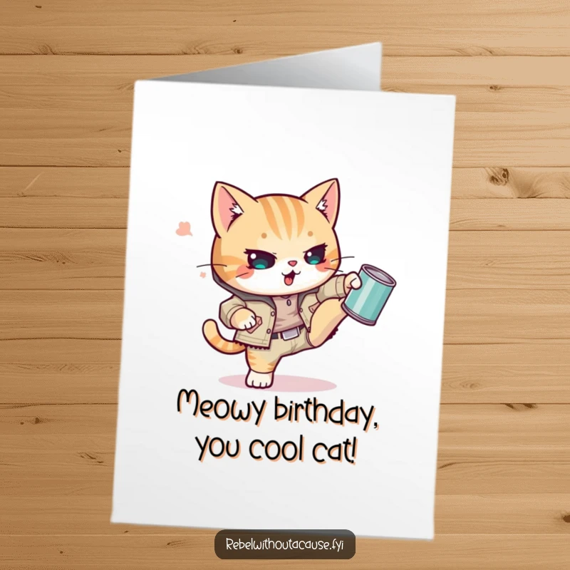Funny Free Printable Birthday Card featuring a kawaii cat in a ripped jacket, defiantly kicking a tin can.