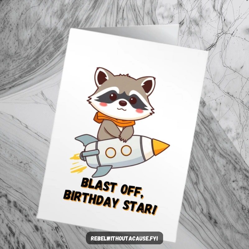 Funny Free Printable Birthday Card: Giggling raccoon rides a tiny rocket with intense determination, aiming for fun.