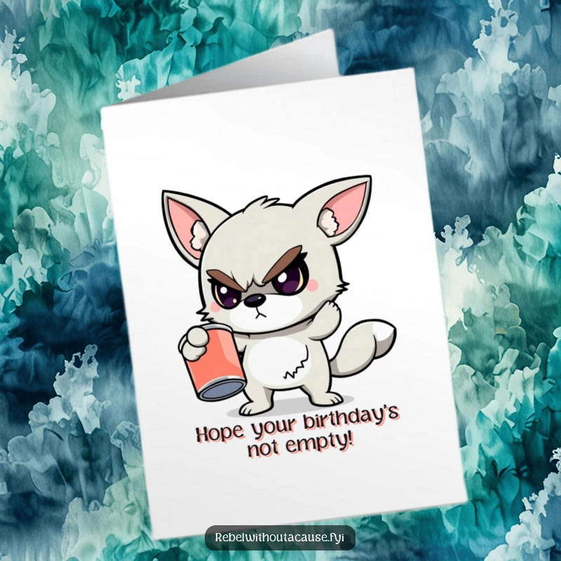 Funny Free Printable Birthday Card: Rebellious Animal Character Defiantly Holding a Cracked Empty Paint Can