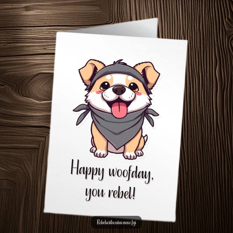 Funny Free Printable Birthday Card featuring a kawaii dog in a bandana, sticking its tongue out cheekily.