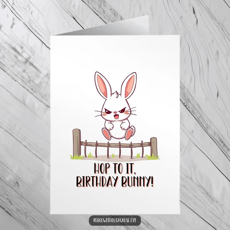 Funny Free Printable Birthday Card: a rebellious bunny determinedly jumping over a fence, celebrating freedom.