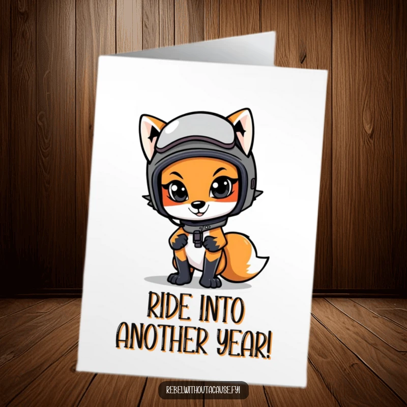 Funny Free Printable Birthday Card: Cool fox in a motorcycle helmet, striking a confident stance. Stylish DIY gift.