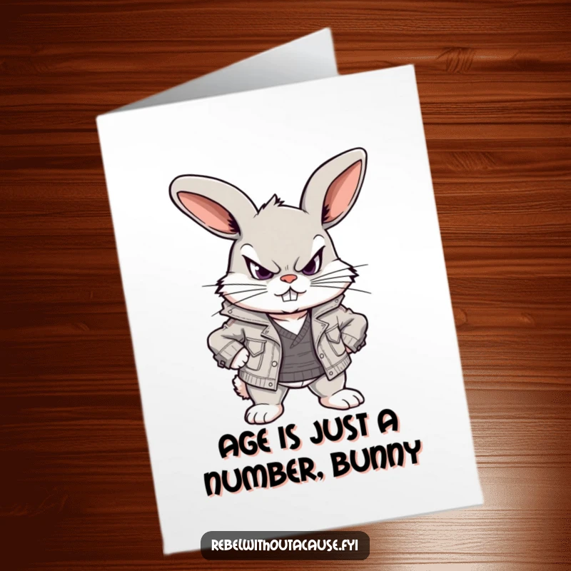 Funny Free Printable Birthday Card: Scowling bunny in ripped jacket, ready to party and bring laughs.
